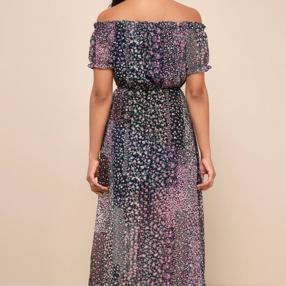 Lulus Blue Floral Off Shoulder Maxi Dress New Large Neva Navy Blue Floral Print - Picture 9 of 15